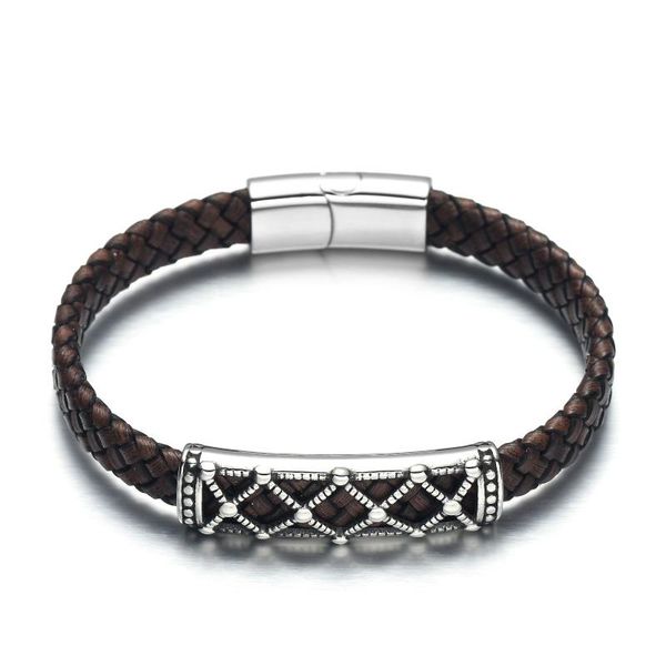 

charm bracelets ruimo men persian style cross gridding stainless steel magnetic buckle wide braided leather bracelet for and women, Golden;silver