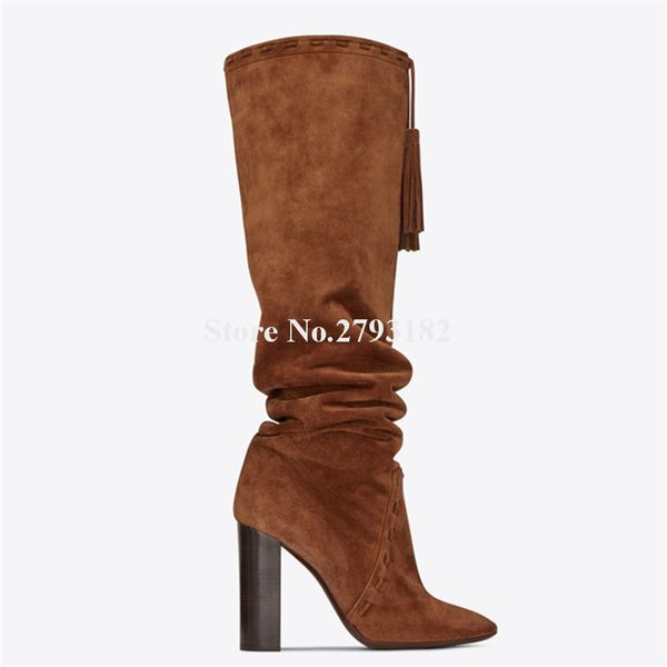 

women new fashion pointed toe black brown suede leather chunky heel knee high boots strap long thick high heel long boots