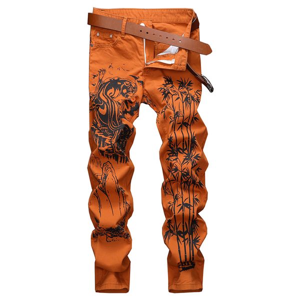 

men's jeans fashion chinese ink wash painting printed tiger slim fit stretch denim pants, Blue