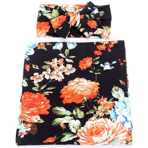 

newborn receiving blanket headband set flower print baby swaddle receiving blankets black