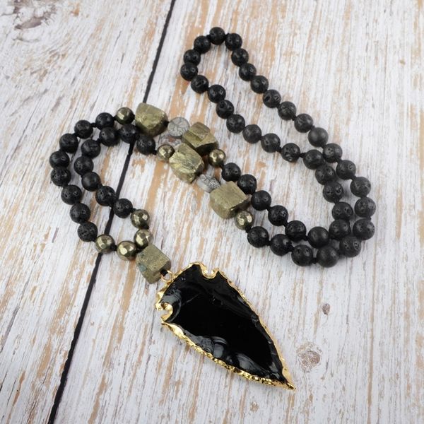 

black obsidian women necklace raw pyrites with gilded arrowhead pendant necklace girls beads lariat necklace dropshipping 200928, Silver