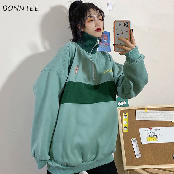 

hoodies women winter thicker plus velvet patchwork zipper cute embroidery loose student womens clothing all-match casual ulzzang, Black