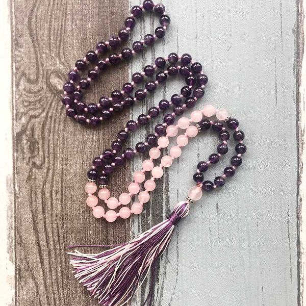 

chains amethysts rose q-uartz 108 mala necklace knotted tassel jewelry yoga gift for womens meditation beads spiritual boho, Silver
