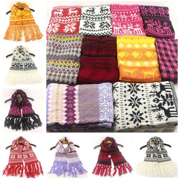

christmas tassel woolen long scarf snowflake elk pattern knitting scarfves outdoor ski neckerchief neck wraps student couples scarf d91007, White