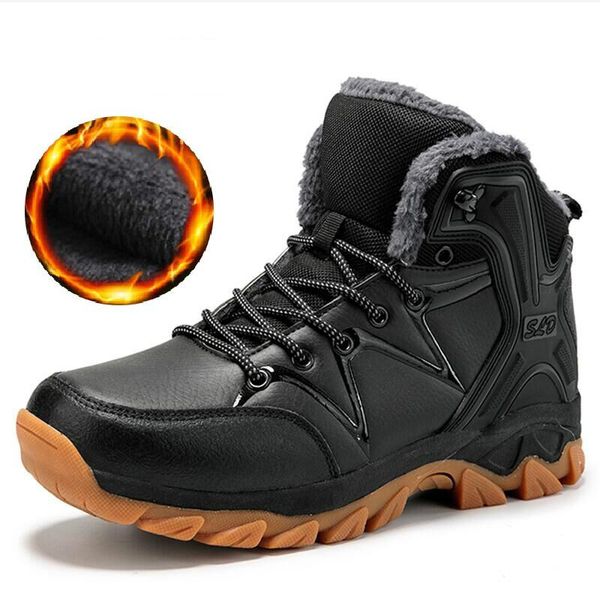 

non-slip winter plush warm men boots waterproof leather men snow boots outdoor sneakers ankle hiking 40-46, Black