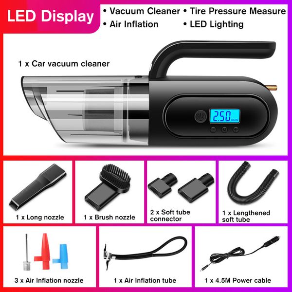 

4 in 1 car vacuum cleaner usb rechargeable house cleaning sweeper air pump tire pressure monitoring led light digital display