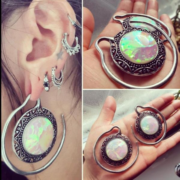 

pair solid brass aether ornate puj ju hoops with sythetic opal ear weights hoop earring ear gauge expander jewelry, Silver