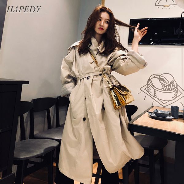 

hapedy new 2020 autumn winter women's windbreaker female trench coat ladies long coats windbreaker ropa mujer plus size, Tan;black