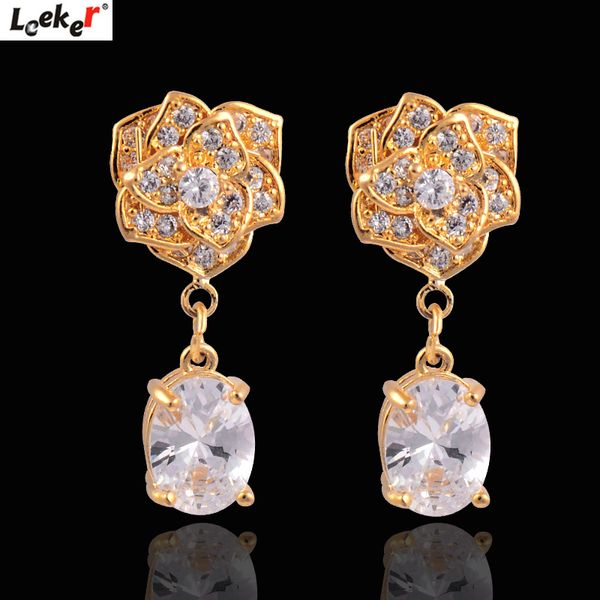 

leeker chic crystal flower dangle earrings yellow gold silver color clear cubic zirconia small drop earrings jewelry 058 lk8