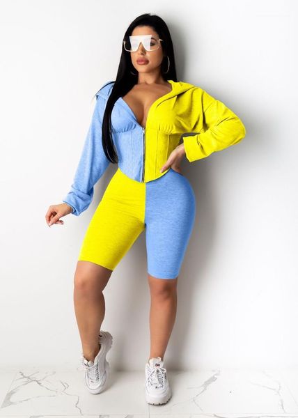 

tracksuit zipper long sleeve hooded clothes and slim fit shorts famale sports suit women color block, Gray