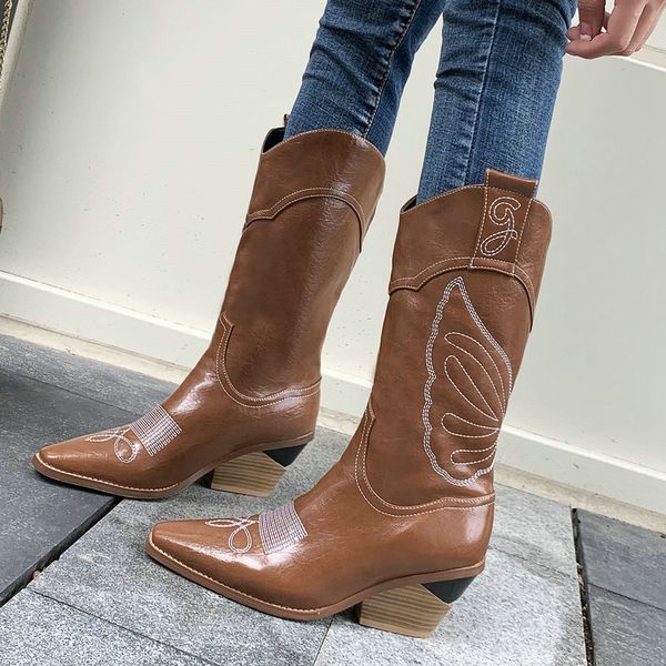

comfort chunky heel western boots for women faux leather mid-calf boots woman cowboy winter black wine red brown white