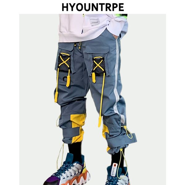 

men's pants men cargo hip hop straight pant casual elastic waist drawstring loose fit trousers with pockets streetwear, Black