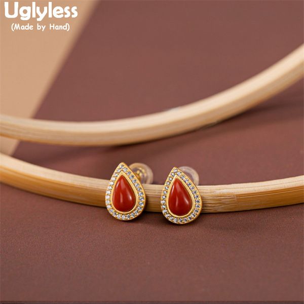 

uglyless mini waterdrop agate jade earrings for women elegant party dress gemstone jewelry gold surface 925 silver studs brincos, Golden;silver