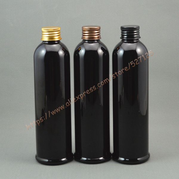 250 ml glänzende schwarze PET-Flasche mit Aluminiumdeckel in vielen Farben (Schraubgewinde). Behälter für ätherisches Öl/Flüssigkeit/Feuchtigkeitscreme/Gesichtswasser