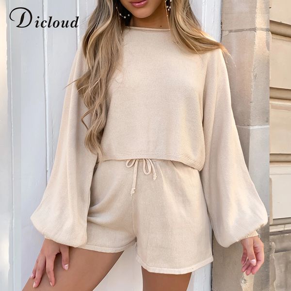 

women's tracksuits dicloud knitted two piece set round neck long sleeve short drawstring shorts solid ladies home cozy suits 2021, Gray
