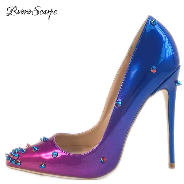 

rivets women high heel pumps gradient color wedding shoes pointed toe thin 12cm heel shallow mouth shoes, Black