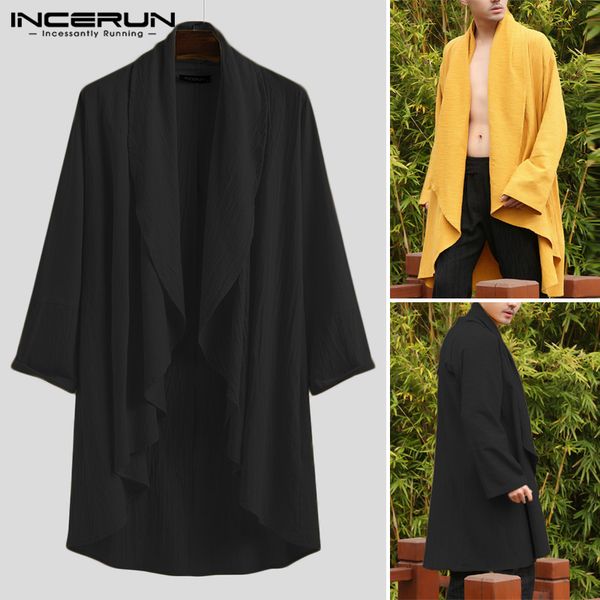 

vintage loose coats mens long style outer clothing incerun leisure solid color cardigan men long sleeve open stitch trench s-5xl, Tan;black