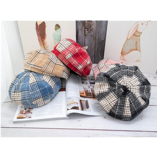 

berets woolen beret women's autumn and winter retro plaid painter hat warm octagonal, Blue;gray