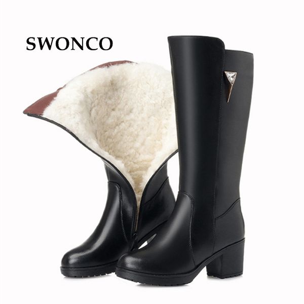 

swonco women's boots winter shoes genuine leather fur wool warm snow boot high heels boots women winter 2020 woman boot shoes, Black