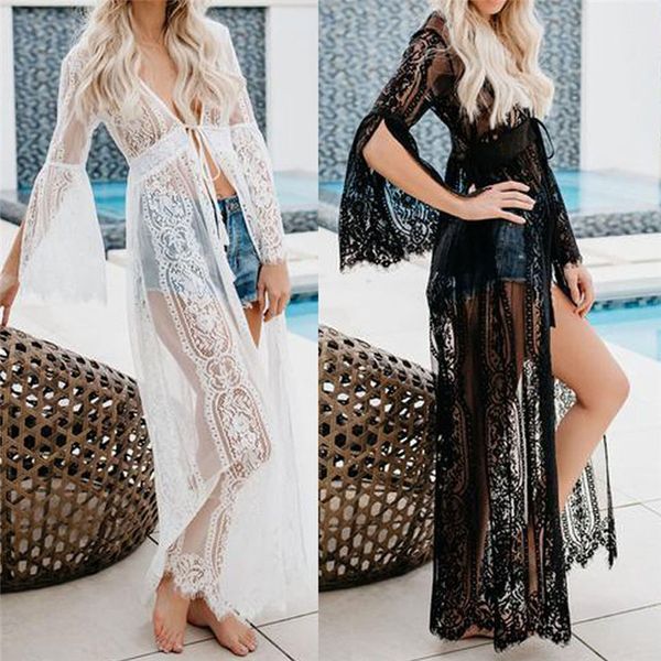 

women's swimwear robe women bikini cover ups boho lace kimono shirt cardigan long beach up dress white black