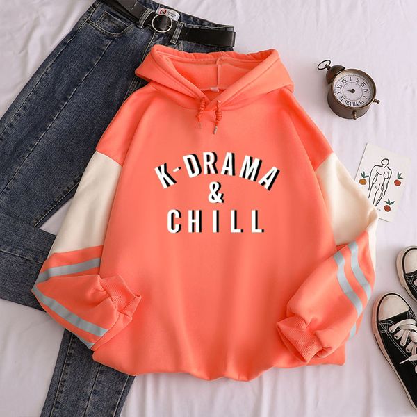 

new fahsion fleece hoody kawaii k-drama & chill print loose women hoodies harajuku contrast color sweatshirt pullover, Black