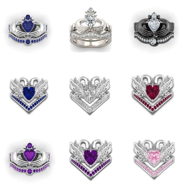 

fdlk exquisite 2pcs / set women ladies ring set anniversary gift hand holds heart engagement bridal wedding jewelry rings, Golden;silver