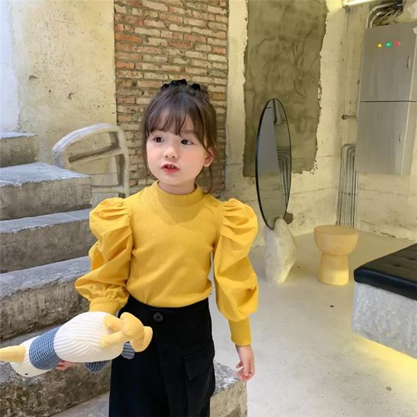 

ins little girls ribbed t-shirt autumn blank puff sleeve cotton fashion bountique clothes winter fall girls 1-7 years, Blue