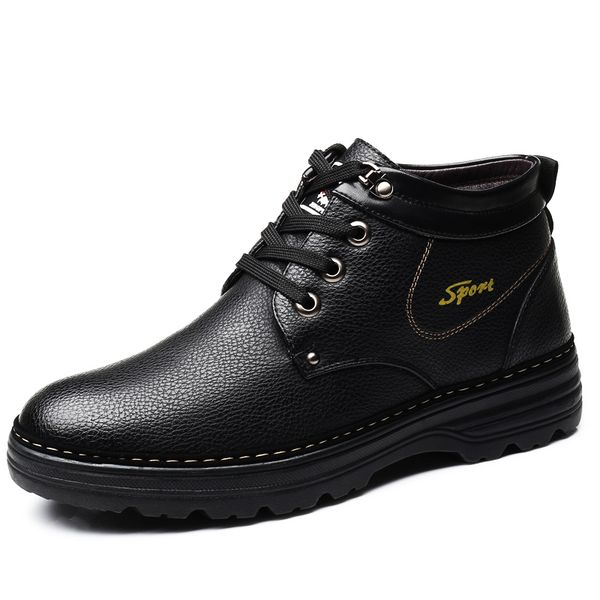 

boots men fur formal business 2021 winter warm snow shoes leather ankle plus size 38-48, Black