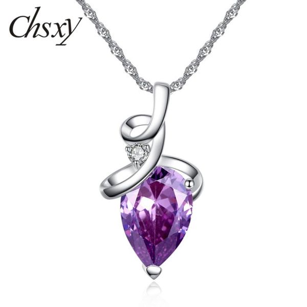 

chsxy fashion spiral water drop cubic zircon necklace charm purple white red color lovers bridal wedding necklace luxury jewelry, Silver