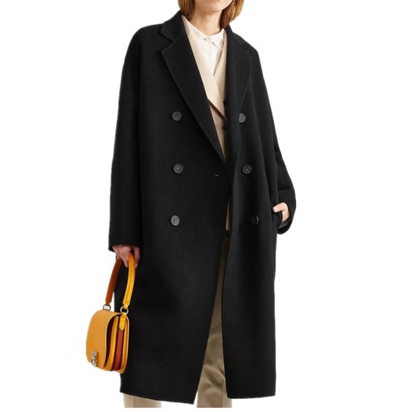 

women's wool & blends black fashion double breasted loose woo coat women x-long autumn winter thick warm woolen