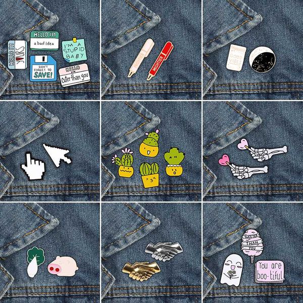 

2-5pcs/set cartoon cactus brooches cute computer cursor hand skeleton pig cabbage enamel pin lover pink candyfloss badge jewelry, Gray