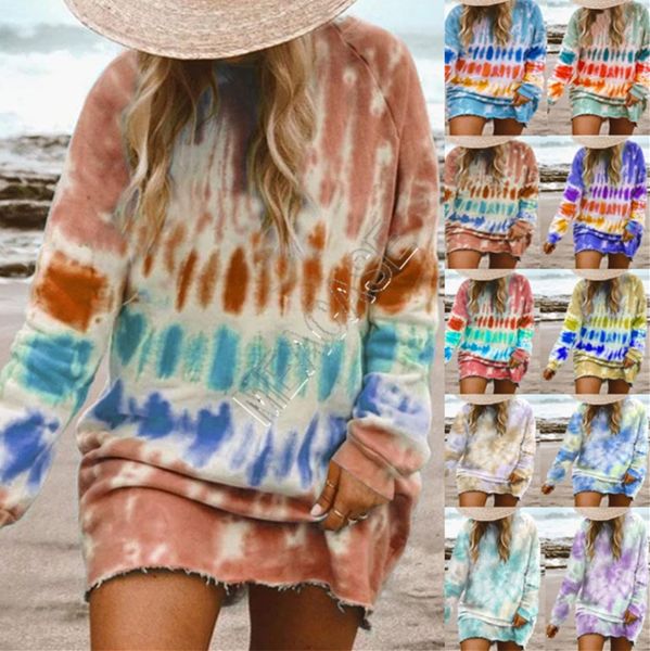 

women clothing plus size dress tie dyed blouse hoodies dresses color gradient long sleeved knee length skirt long t-shirt overalls d9801, White