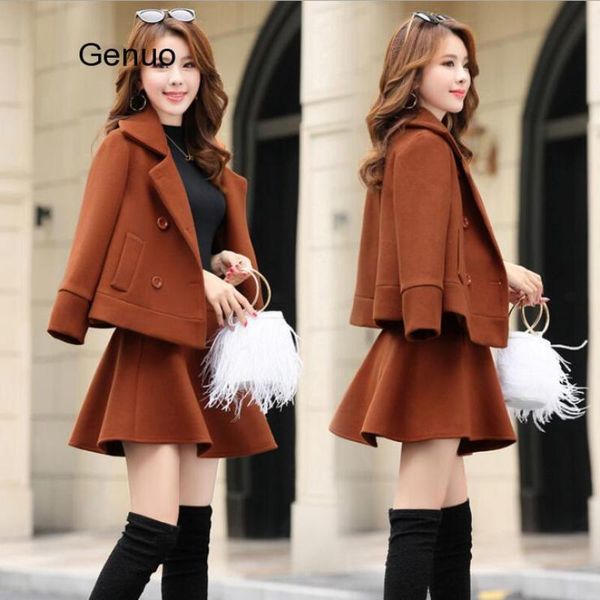 

autumn and winter woolen coat short skirt and short woolen coats two pieces set 2020 new woman fashion outfit femme clothing, Gray