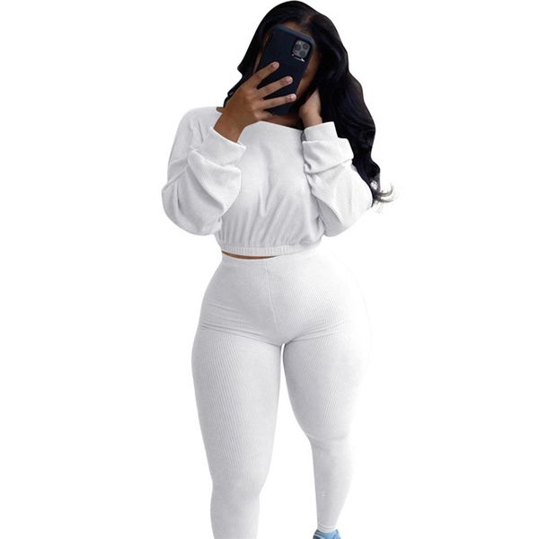 

autumn winter new women two piece pants outfit set long sleeve rib sports casual suit matching set, White