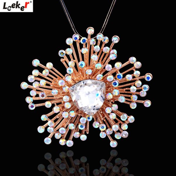 

leeker gold color rhinestone flower pendant long necklace snake chain women statement jewelry 467 lk4, Silver