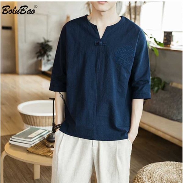 

men's t-shirts bolubao men flax t shirt fashion leisure clothing summer for male shirts printing t-shirt, White;black