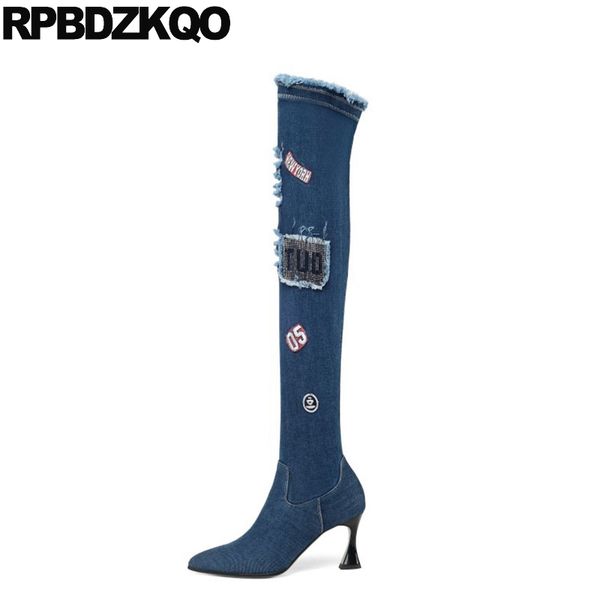 

boots side zip 10 blue custom pointed toe chunky big size denim winter slim women shoes luxury high heel jeans over the knee mid, Black