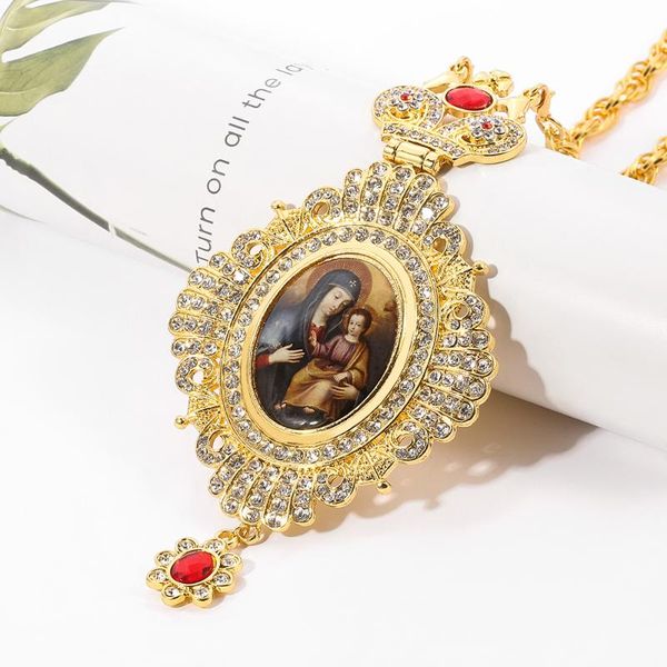 

pendant necklaces religious long chain necklace virgin mary oval male and female hip hop chest crown red crystal, Silver