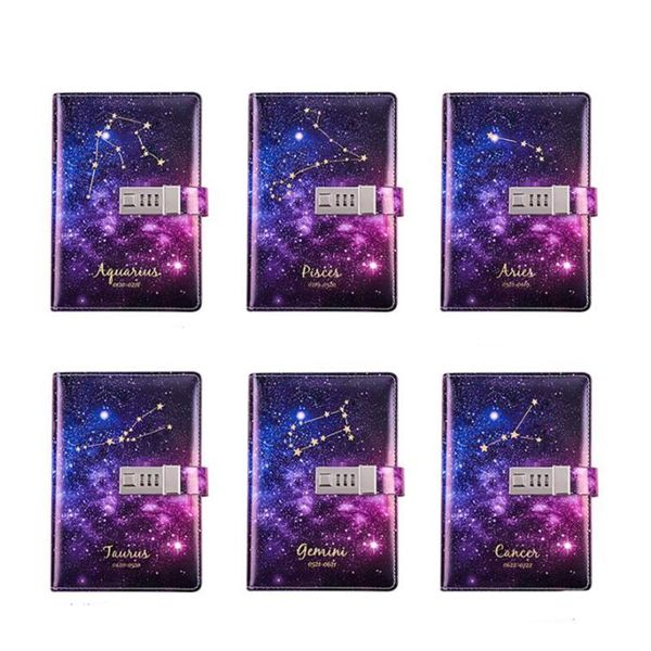 

gift set b6 size star lock leather password notebook personal star constellation organizer writing diary for journal hard cover, Purple;pink