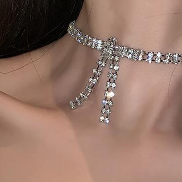 

chokers find me 2021 fashion rhinestone choker necklaces for women alloy bowknot necklace jewelry accessories, Golden;silver