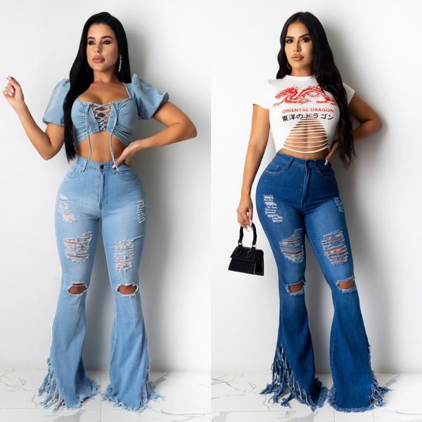 

women's jeans chocnmist street broken holes tassel design blue a6572