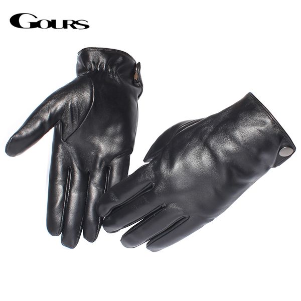 

fingerless gloves gours men' genuine leather fashion brand real sheepskin black touch screen button winter warm mittens gsm051, Blue;gray