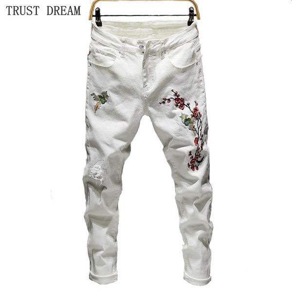

2020 new european designed men embroidery jeans slim white ripped denim pencil pant man streetwear club personal cool trousers, Blue