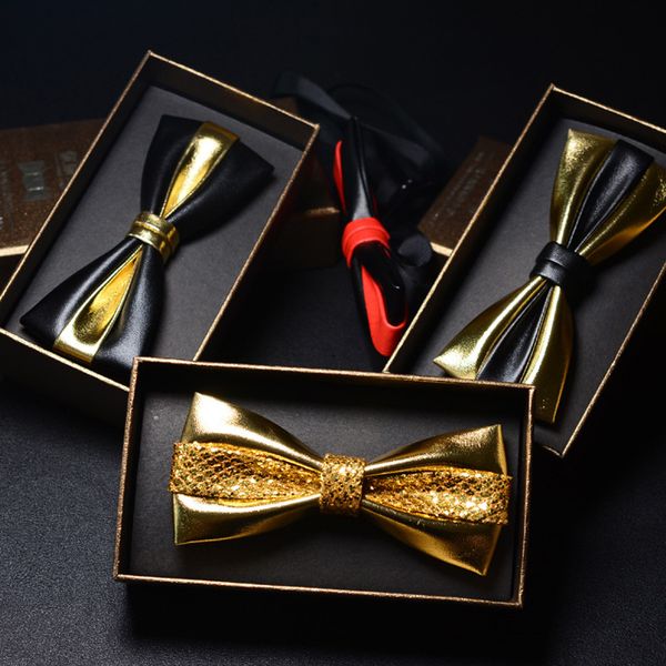 

new british bow tie black gold leather pu formal dress luxury bowtie for men marry royal man wedding gifts box, Black;gray