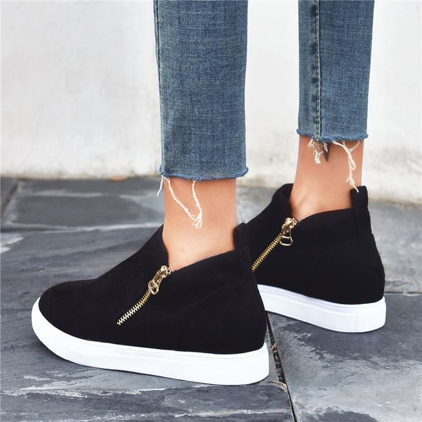 

2020 woman casual shoes pu leather within the higher pure fashion side zipper sneakers anti skid outsole ladies shoes, Black