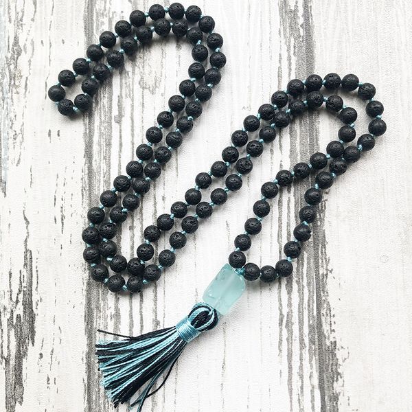 

chains raw rough q-uartz pendant mix color tassel necklace for 8mm lava stone knotted boho jewelry 108 beads mala women, Silver