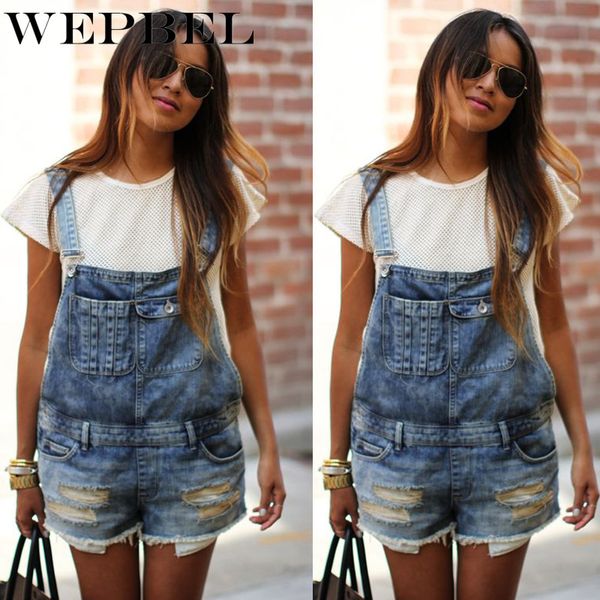 

wepbel women summer hole bib denim pants casual ladies ripped pocket short denim pants denin shorts, Blue