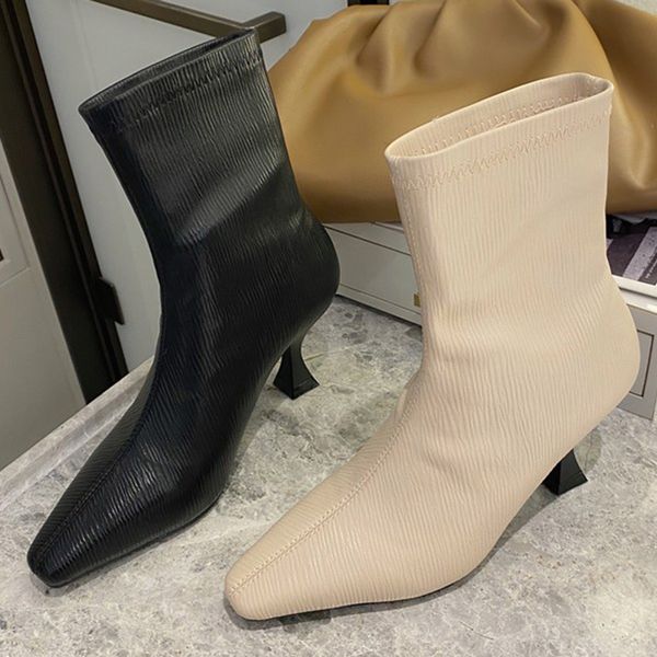 

2020 new winter fashion women strange high heels ankle boots square toe short boots slip on beige ladies valentine shoes, Black