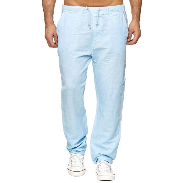 

2020 men solid color linen trousers elastic drawstring straight pants casual loose long pant khaki green blue black autumn