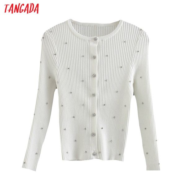 

tangada women elegant slim beading cardigan vintage jumper lady fashion fit knitted cardigan 3l01, White